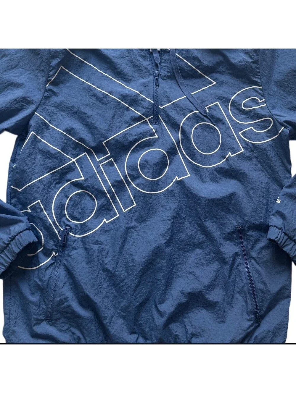 Adidas Men’s Large Blue Windbreaker Half Zip Hoodie Jacket Big Logo Retro Style